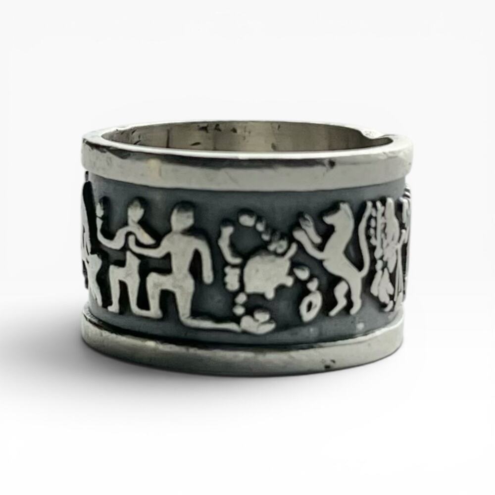 1960s Mayan Astrology Zodiac Oxidized .925 Silver Band Ring, Size 7.5 Mexico